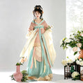 Dusty pink and aqua green Wei-Jin style Hanfu with ruffled sleeves