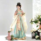 Dusty pink and aqua green Wei-Jin style Hanfu with ruffled sleeves
