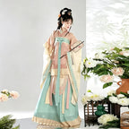 Wei-Jin inspired Hanfu dress with soft ruffled sleeves and green skirt