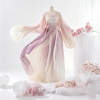 Flowing dusty pink and purple Hanfu gown with wide sleeves