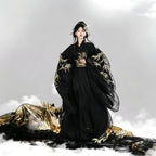 Women's black curved-lapel Hanfu robe with gold bamboo detail