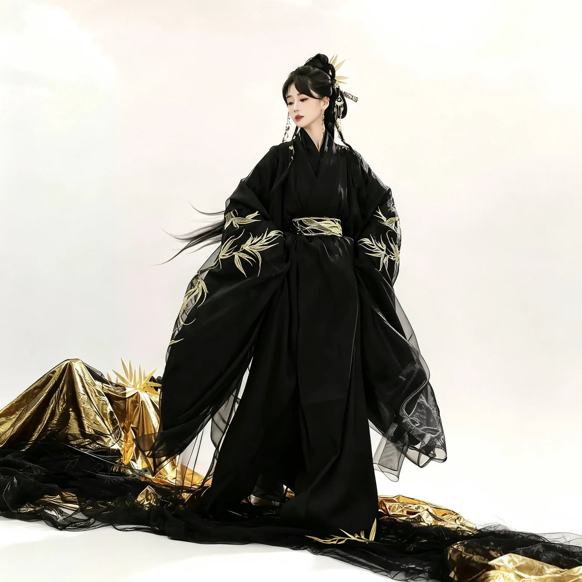 Black and gold bamboo-embroidered traditional-style Hanfu dress