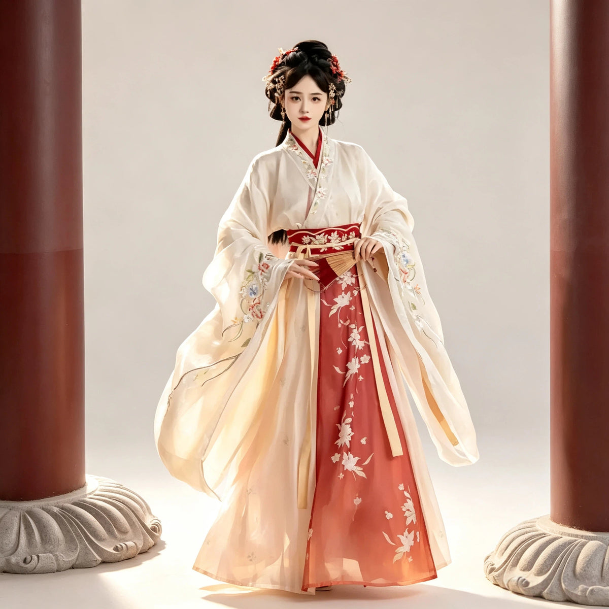 Ivory and terracotta red Wei-Jin style Hanfu with floral embroidery