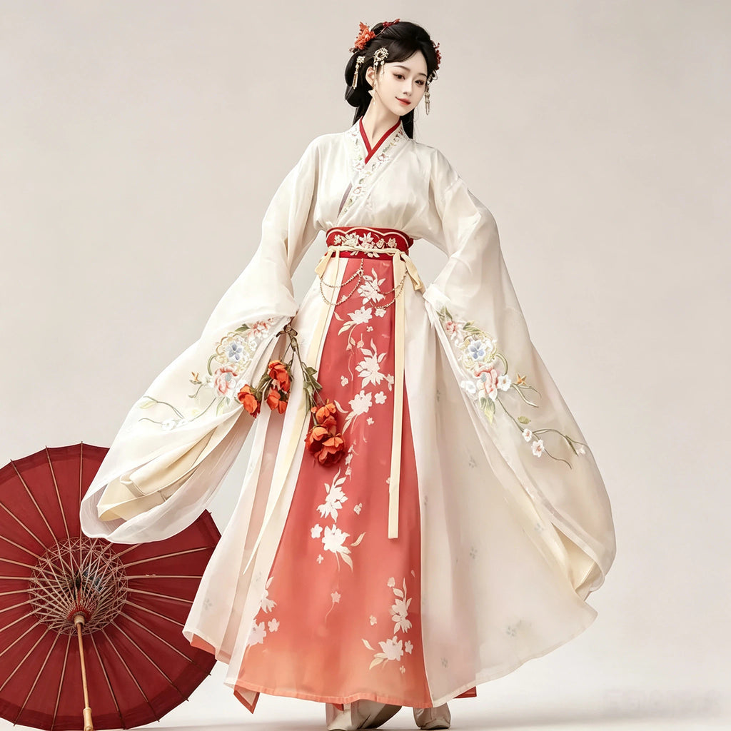 Women's ivory embroidered Hanfu top with wide sleeves