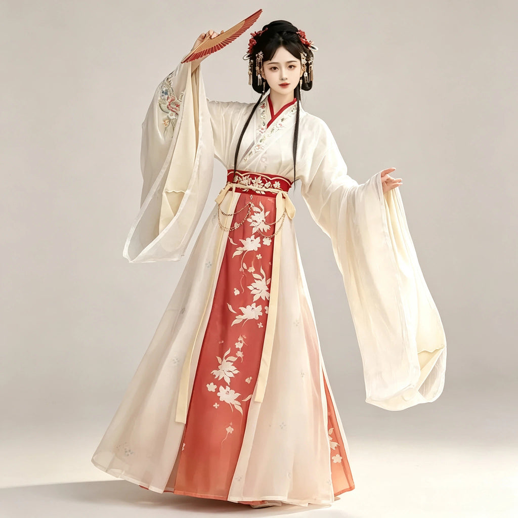 Terracotta red and white Hanfu outfit with a layered skirt