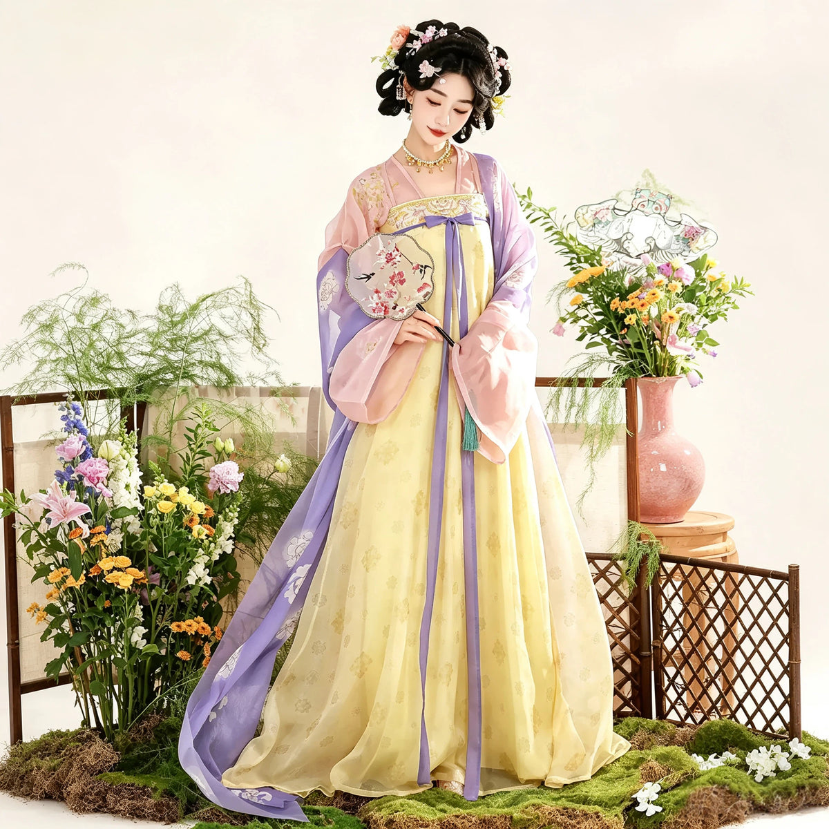 Lavender and pale yellow Tang-style Qixiong Ruqun with embroidered fabric