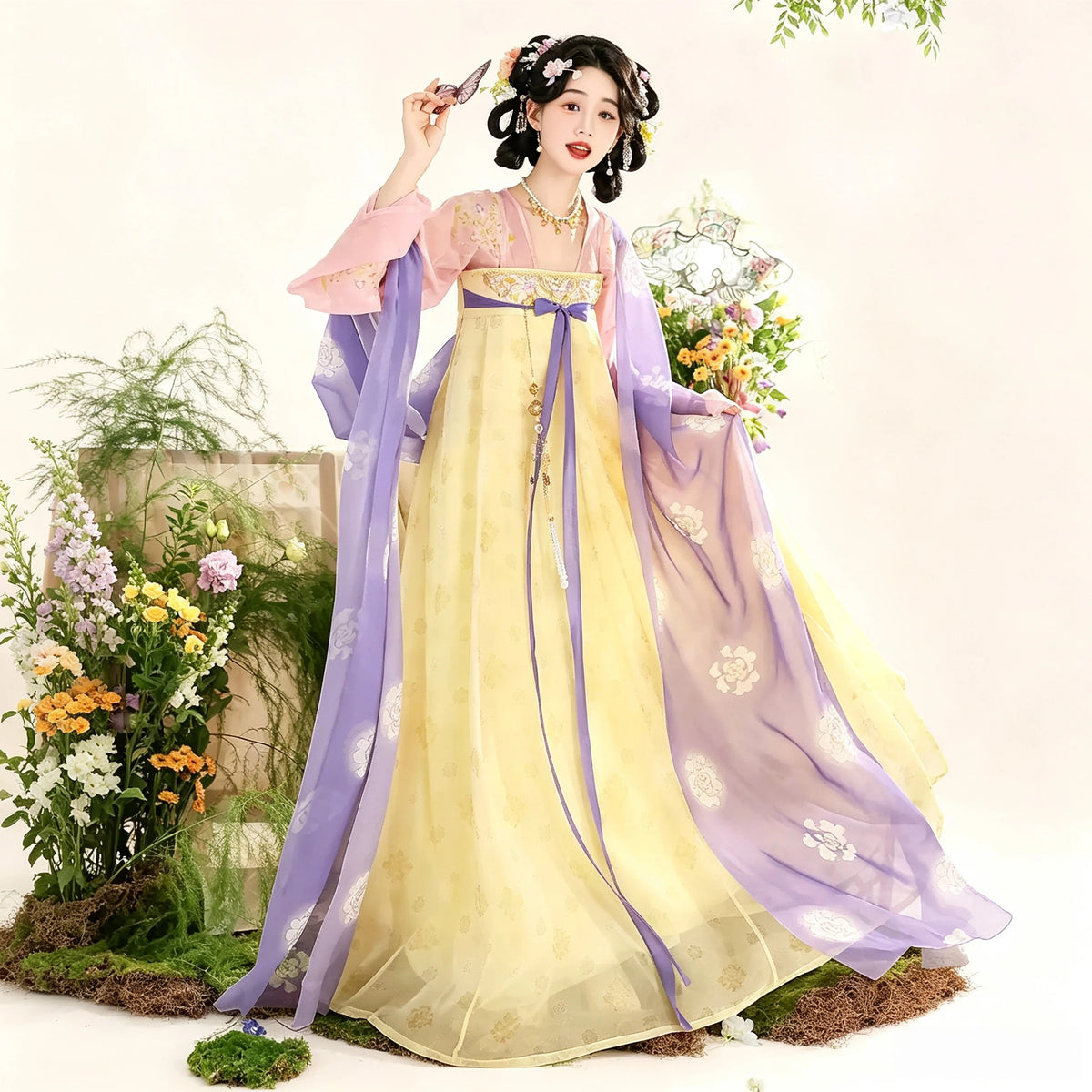 Women's purple and yellow chest-high Hanfu dress with a sheer shawl