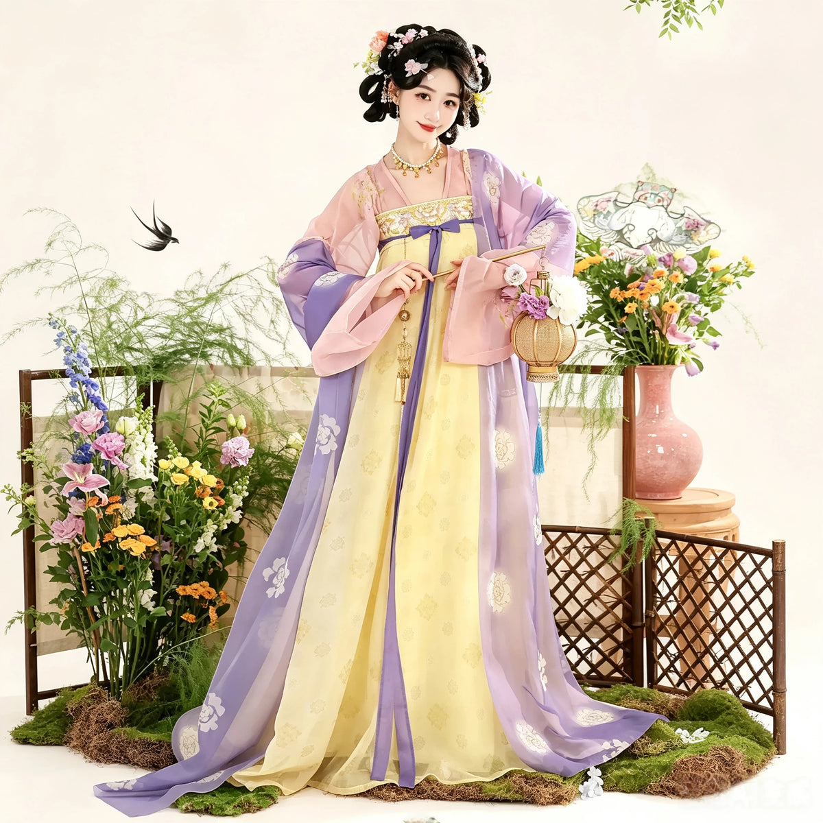 Tang-inspired lavender Ruqun set with a soft yellow skirt