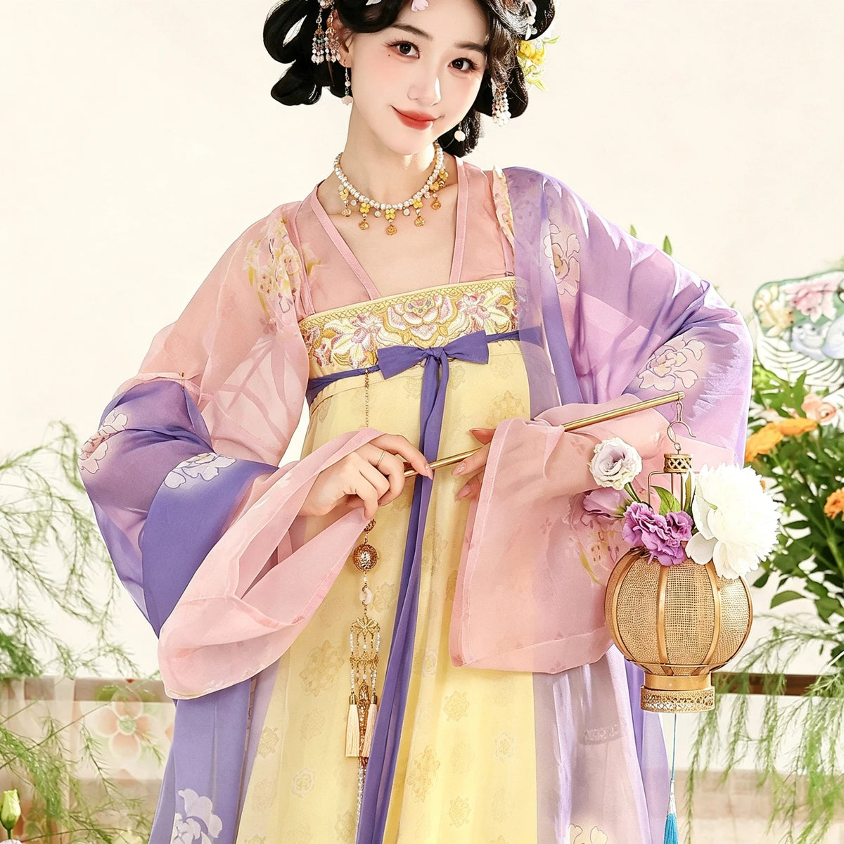 Embroidered high-waisted Hanfu in lavender purple and light yellow