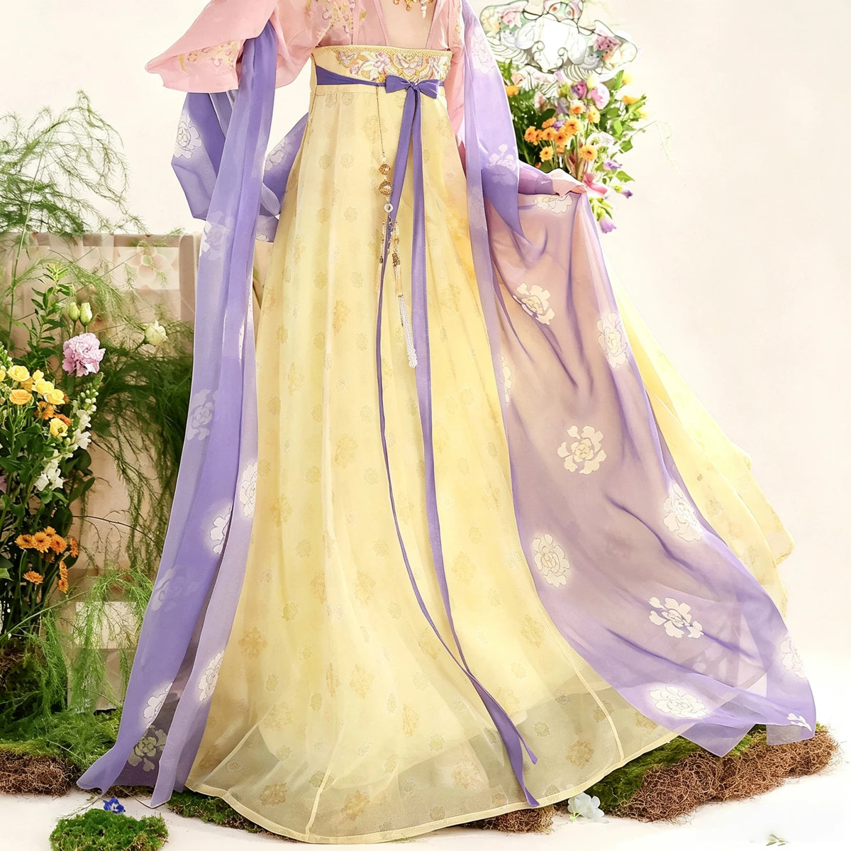 Purple and yellow Qixiong Ruqun outfit with a draped shawl