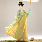 Lime yellow and cyan blue Tang-style Hanfu with a high-waisted Qixiong skirt