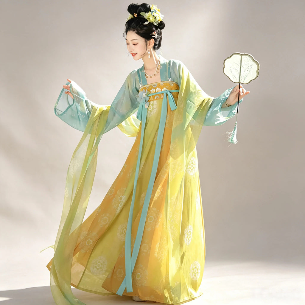 Women's gradient yellow-blue Ruqun outfit with sheer draped shawl