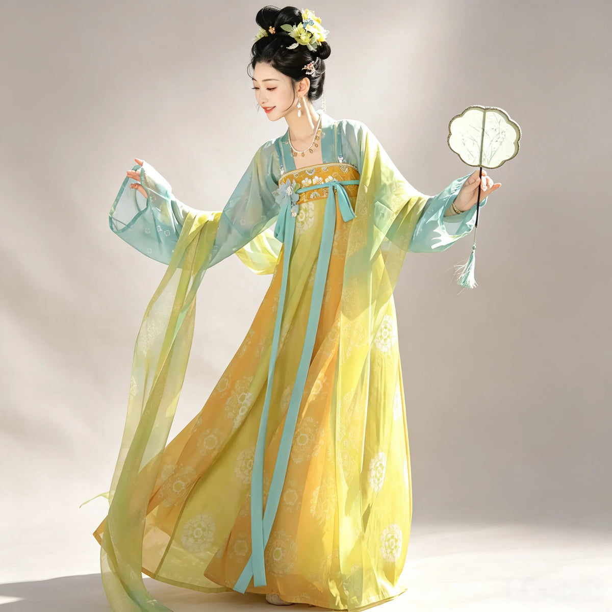 Women's gradient yellow-blue Ruqun outfit with sheer draped shawl