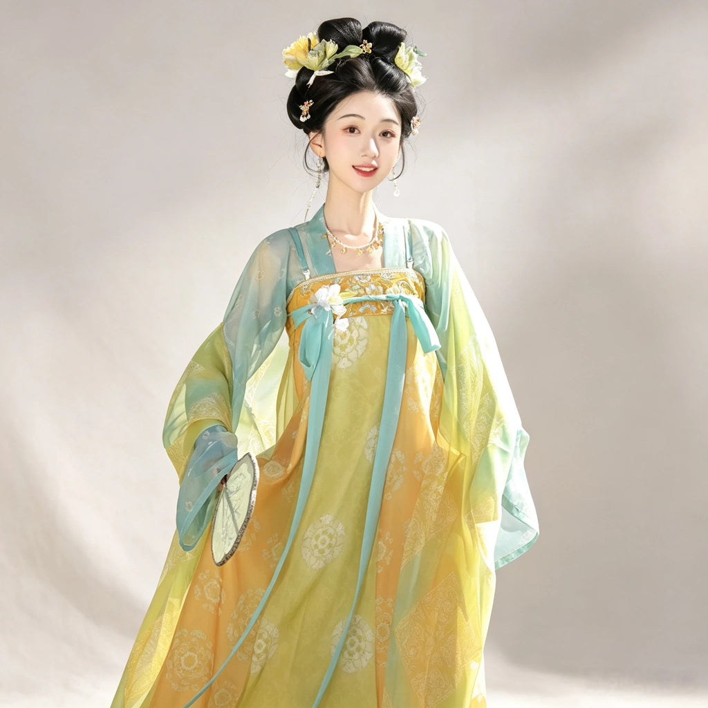 Tang-inspired chest-high Hanfu dress in lime and cyan