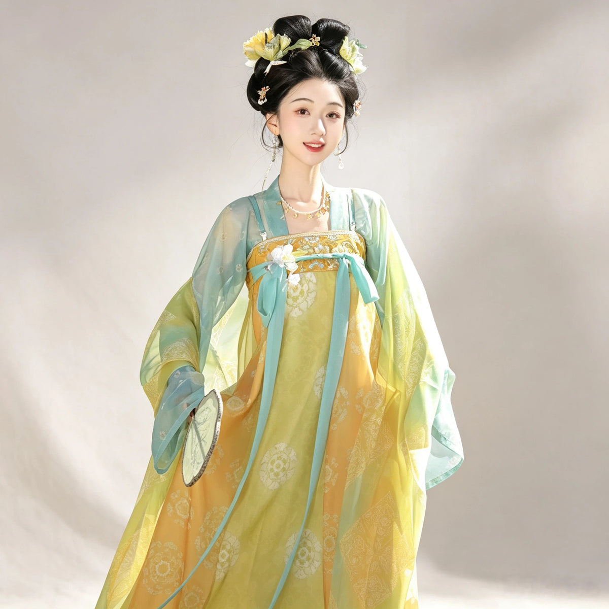 Tang-inspired chest-high Hanfu dress in lime and cyan