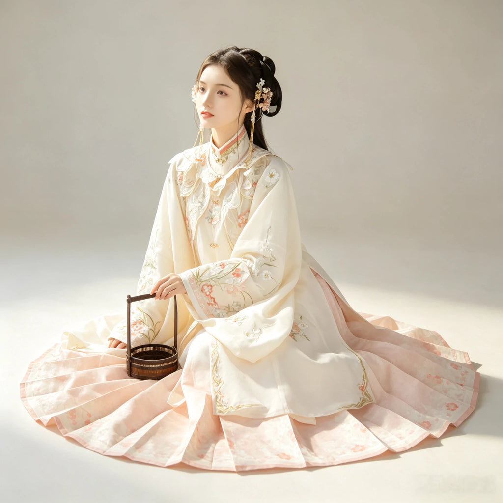 Women's Ming-style Hanfu set with cloud-collar detail and pleated skirt