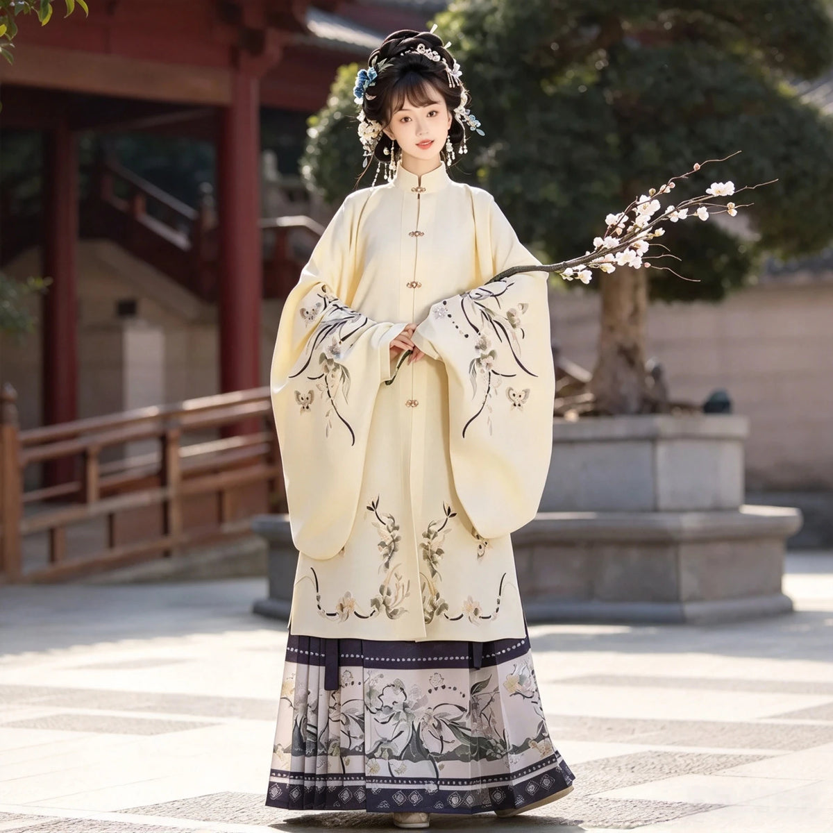 Embroidered Ming-style Hanfu outfit with a traditional Mamianqun skirt