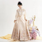 Ming-inspired Hanfu outfit in cream beige with soft purple floral details