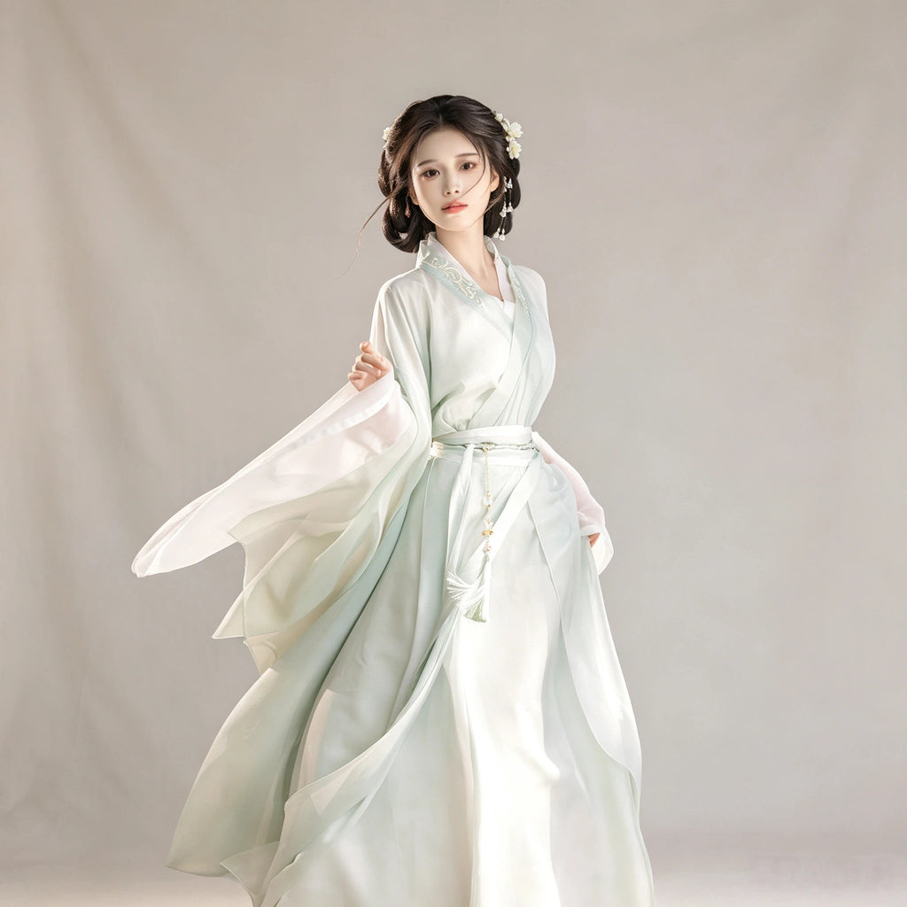 Women's mint green crossover-collar Hanfu robe and skirt