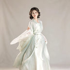 Women's mint green crossover-collar Hanfu robe and skirt