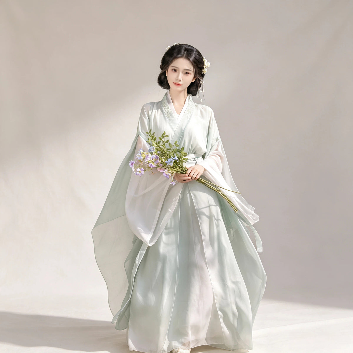 Light green flowing Ruqun dress with translucent sleeves