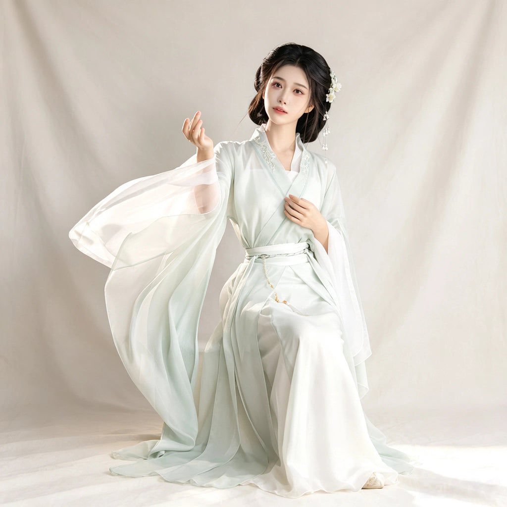 Wei-Jin inspired green Hanfu set with a long layered skirt