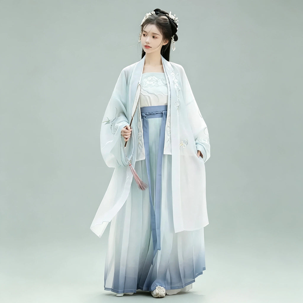 Mint green and indigo ombre Song-style Hanfu with a Beizi cardigan