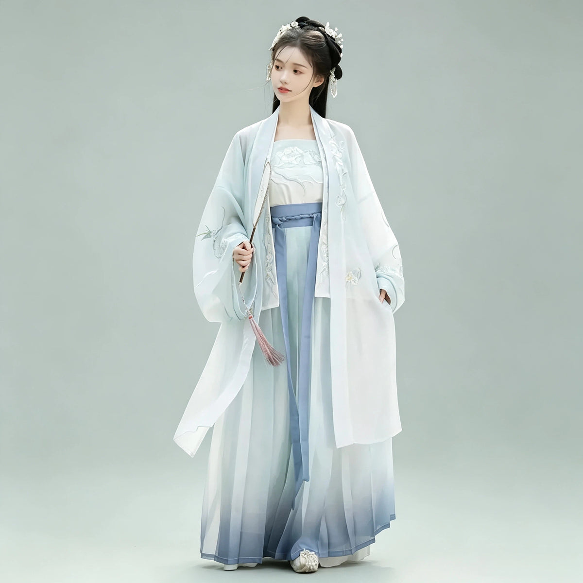 Mint green and indigo ombre Song-style Hanfu with a Beizi cardigan