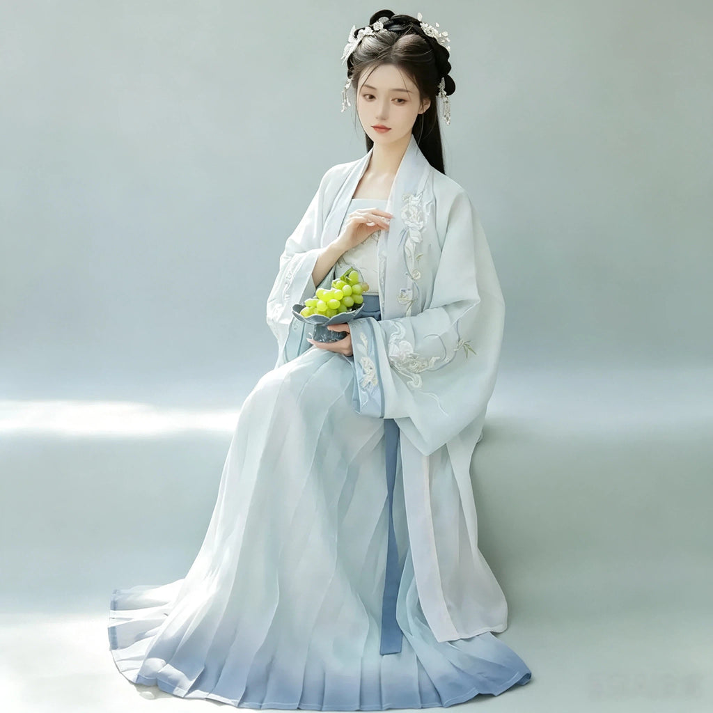 Ombre Hanfu Beizi worn with a Moxiong top and pleated skirt