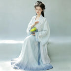 Ombre Hanfu Beizi worn with a Moxiong top and pleated skirt
