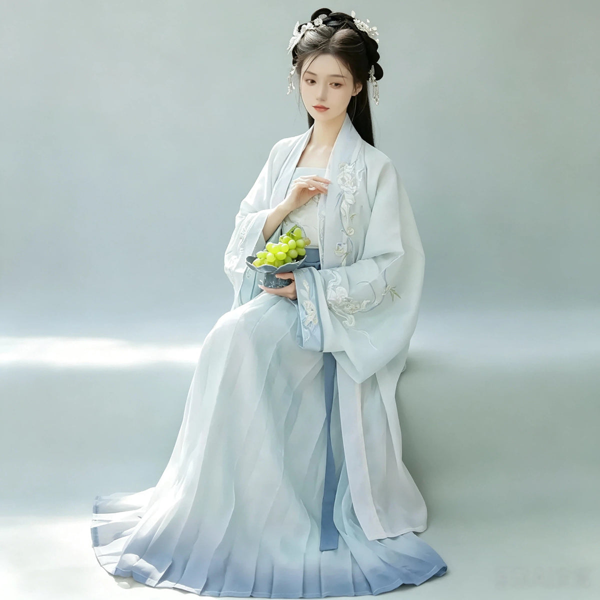 Ombre Hanfu Beizi worn with a Moxiong top and pleated skirt