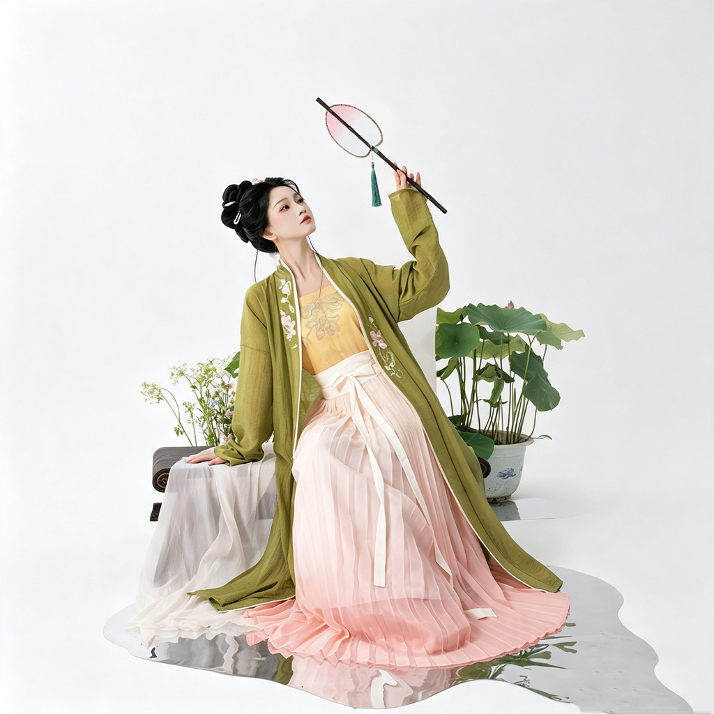 Women's pink and green pleated Hanfu gown with floral embroidery