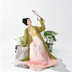 Women's pink and green pleated Hanfu gown with floral embroidery