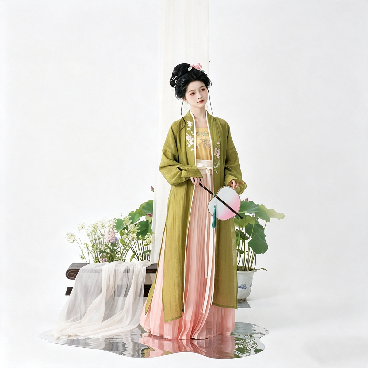 Embroidered olive green and blush Hanfu with a flowing skirt