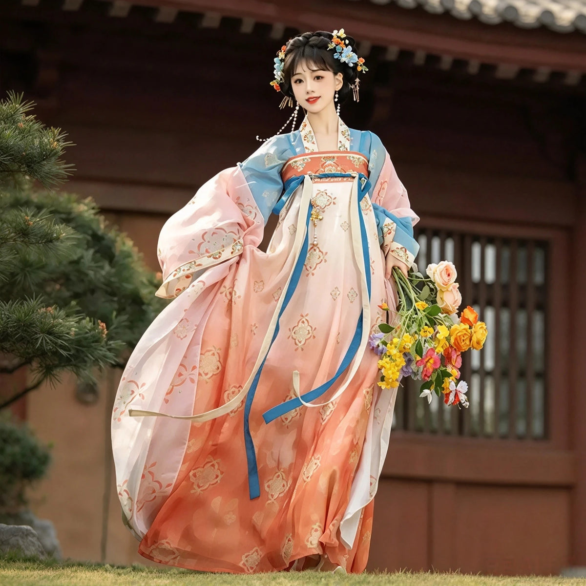 Sunset orange and sky blue Tang-style Qixiong Ruqun Hanfu