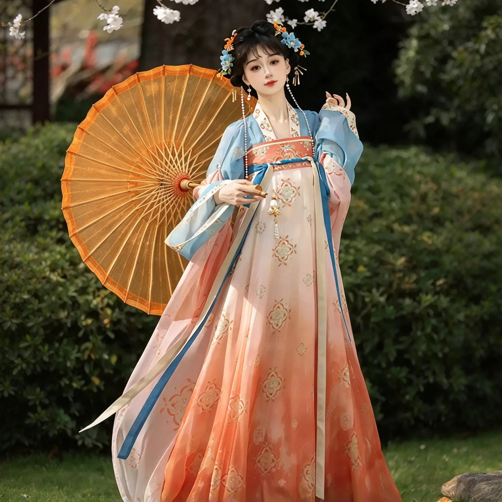 Women's high-waisted Hanfu dress in orange and light blue
