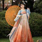Women's high-waisted Hanfu dress in orange and light blue