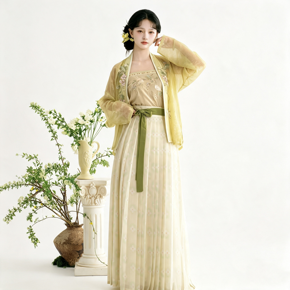 Women's light yellow and green Hanfu with a long pleated skirt