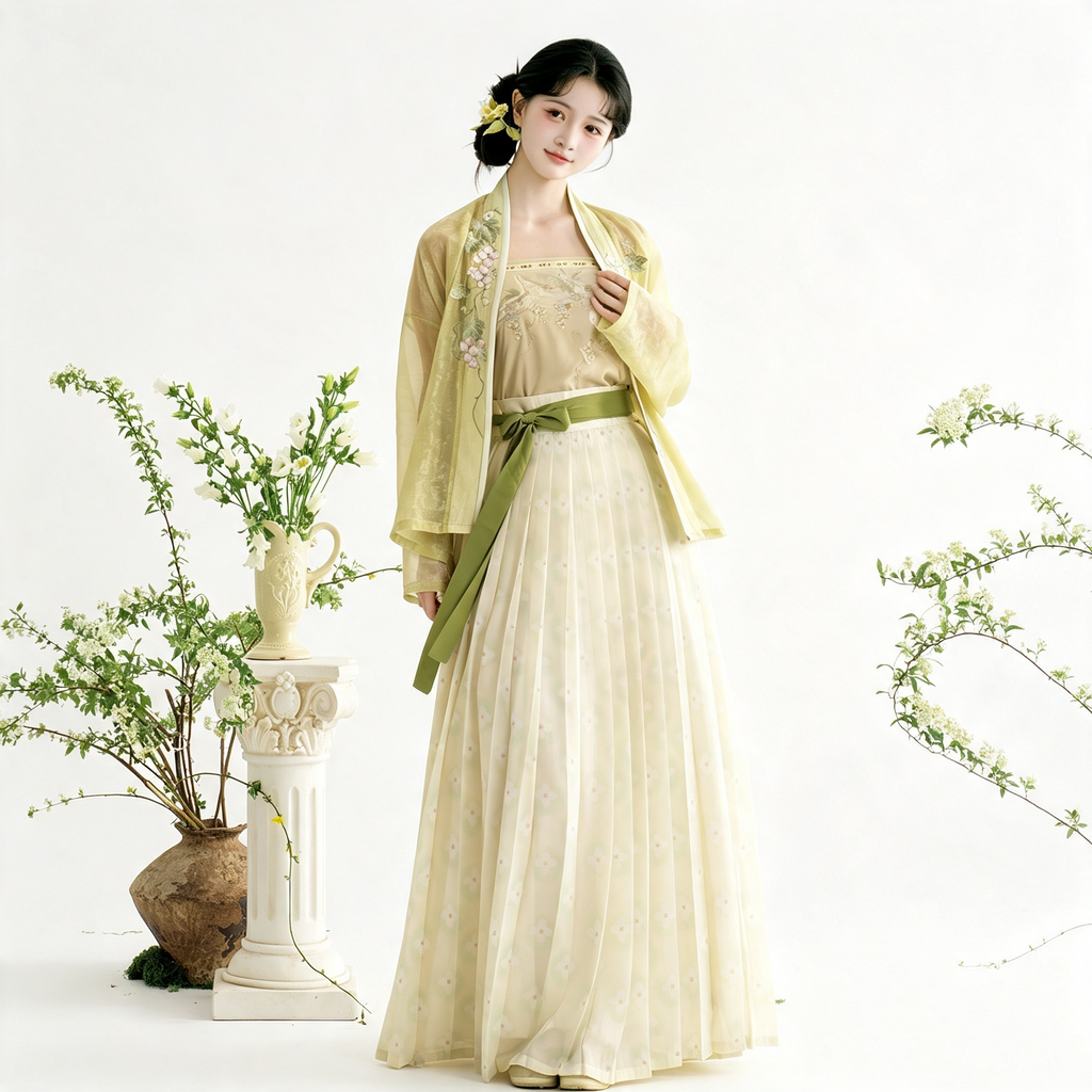 Soft yellow Hanfu gown with green accents and flowing fabric