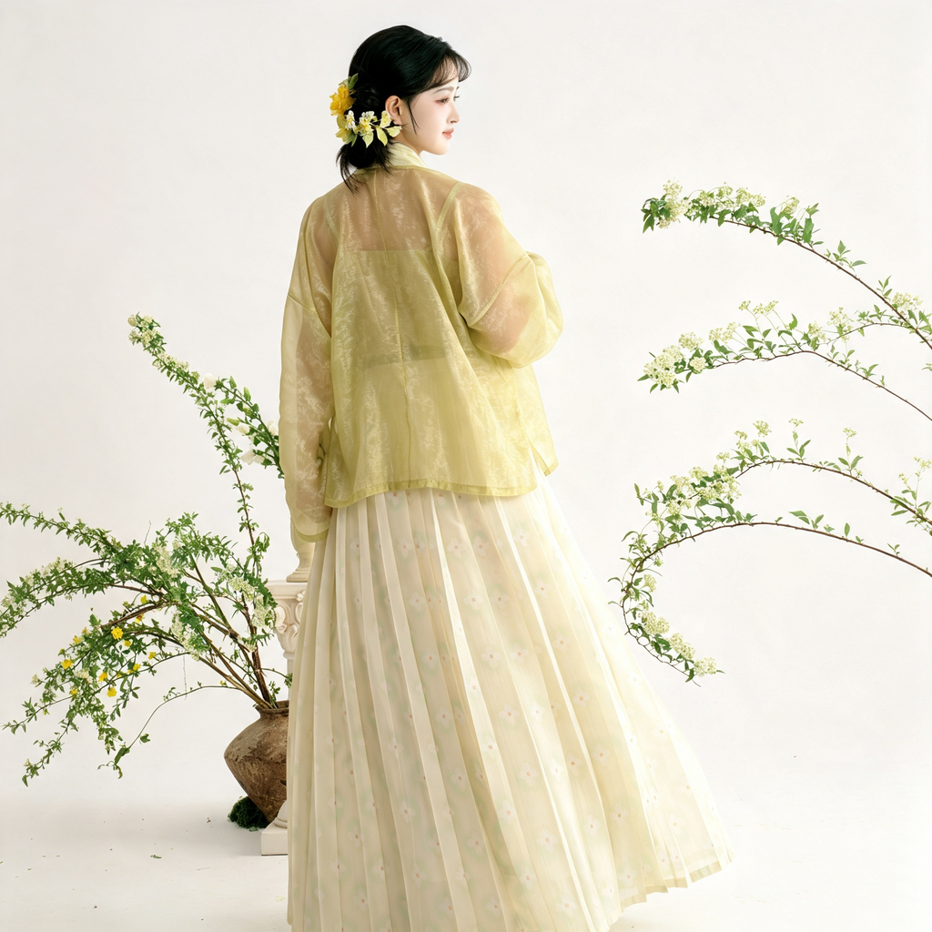 Embroidered sage and yellow traditional-style Hanfu dress