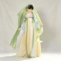 Pastel blue and yellow Tang-style Hanfu with floral embroidery and green shawl