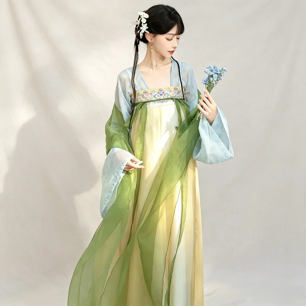 Tang-inspired high-waisted Hanfu dress with a green draped shawl
