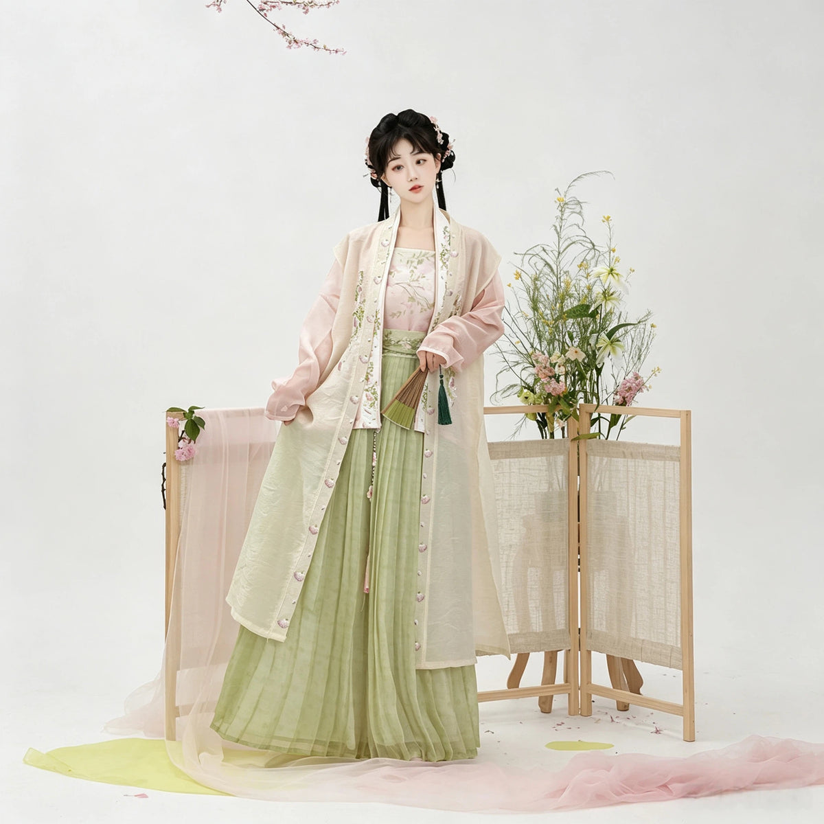 Pastel pink and willow green Song-style Hanfu with floral embroidery