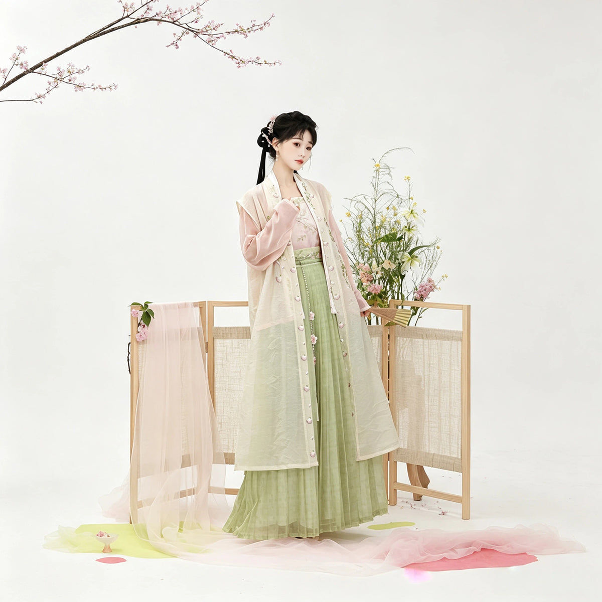 Song-inspired pale green long vest with a matching Hanfu outfit