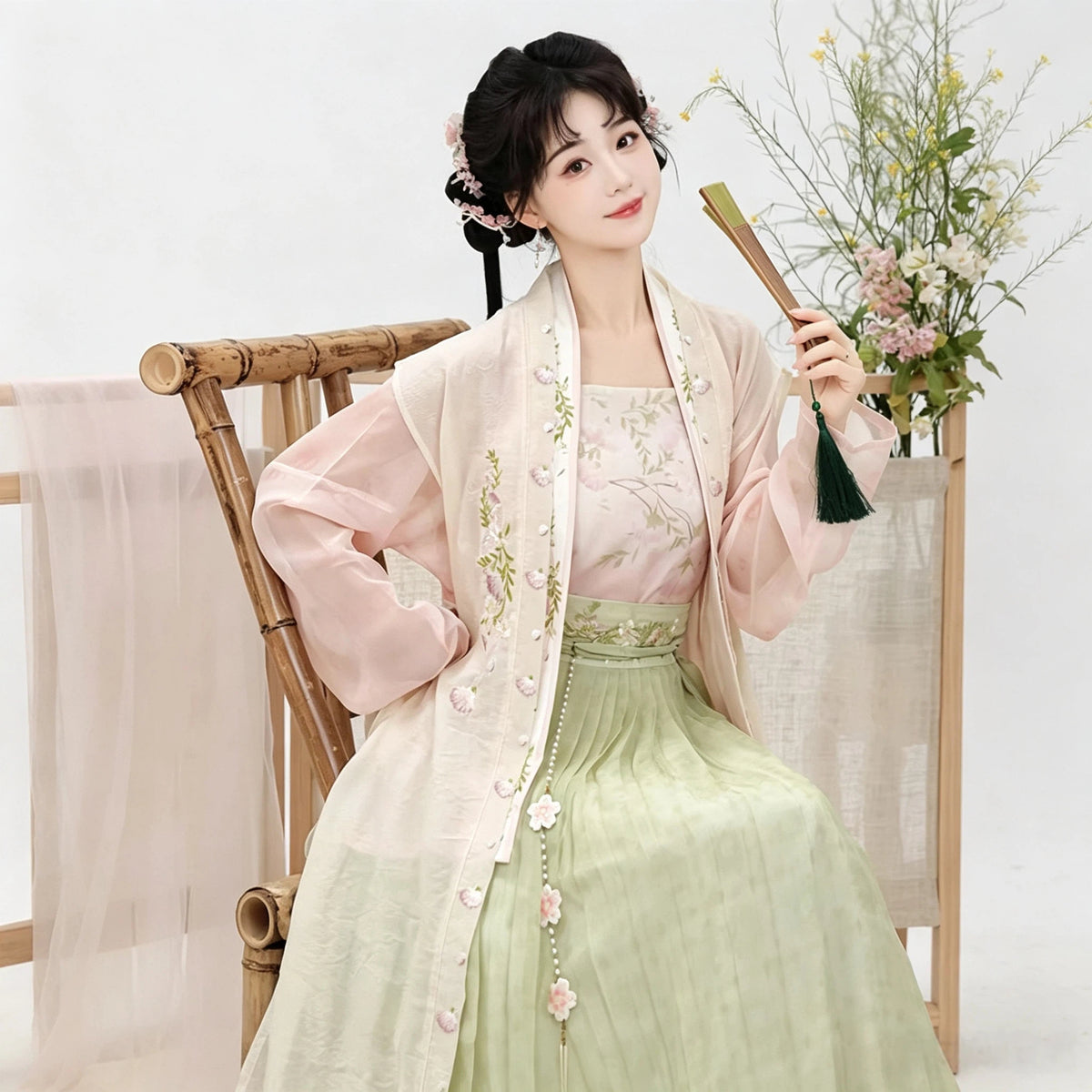Pink and green floral Hanfu three-piece set with a long skirt