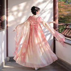 Peach coral floral Hanfu outfit inspired by Tang dynasty dress