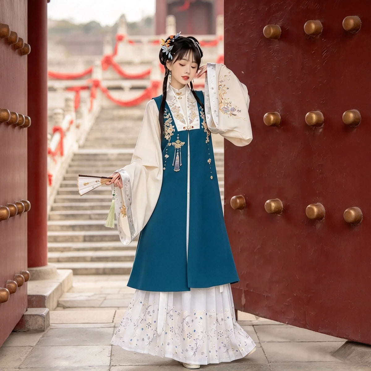 Peacock blue Bijia vest with an ivory top and white pleated Hanfu skirt