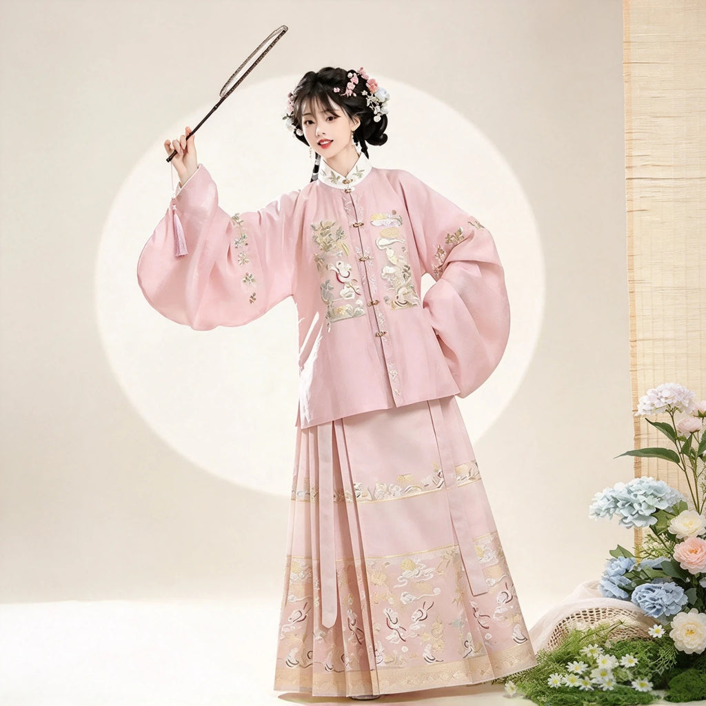 Blush pink and gold embroidered Ming-style Hanfu shirt with horse-face skirt