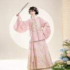 Blush pink and gold embroidered Ming-style Hanfu shirt with horse-face skirt