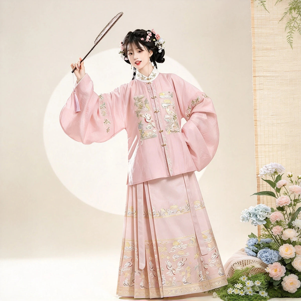 Women's pink Ming-inspired Hanfu set with a traditional Mamianqun skirt